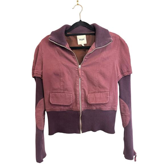 Moschino Jeans Maroon Denim Women's Ribbed Zip Up Embroidered Bomber Jacket 8 - Picture 2 of 15
